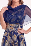 Mangas de capa con cuentas azul marino Vestido largo de Madre de la Novia