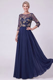 Vestido de Madre de la Novia Azul Marino, ilusión A-Line Illusion Neck Long Matris Of The Bride