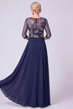 Vestido de Madre de la Novia Azul Marino, ilusión A-Line Illusion Neck Long Matris Of The Bride