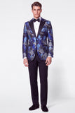 Traje de baile de fin de curso de dos piezas, negro azul Jacquard Peak Peak, monobotón