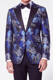 Traje de baile de fin de curso de dos piezas, negro azul Jacquard Peak Peak, monobotón