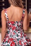Corsé de A, Mini Vestido de Bienvenida a Casa con Flor Roja y Cuerno A-Line con volantes