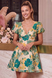 Vestido corto de bienvenida rosa rosa A, con escote en V, con estampado y manga corta