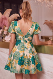 Vestido corto de bienvenida rosa rosa A, con escote en V, con estampado y manga corta