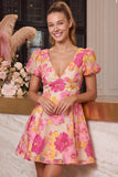 Vestido corto de bienvenida rosa rosa A, con escote en V, con estampado y manga corta