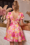 Vestido corto de bienvenida rosa rosa A, con escote en V, con estampado y manga corta
