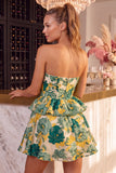 Vestido corto de bienvenida a casa, floral verde sin tirantes en línea A, con volantes y volantes