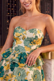 Vestido corto de bienvenida a casa, floral verde sin tirantes en línea A, con volantes y volantes