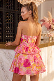 Vestido corto de bienvenida a casa, floral verde sin tirantes en línea A, con volantes y volantes