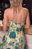 Corsé rosa floral A-Line Mini vestido de bienvenida sin tirantes con abertura
