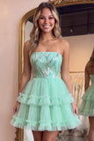 Vestido corto de bienvenida de bienvenida de tul con volantes de nivel verde menta