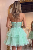 Vestido corto de bienvenida de bienvenida de tul con volantes de nivel verde menta