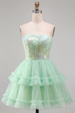 Vestido corto de bienvenida de bienvenida de tul con volantes de nivel verde menta