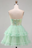 Vestido corto de bienvenida de bienvenida de tul con volantes de nivel verde menta