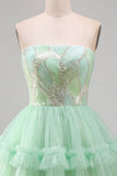 Vestido corto de bienvenida de bienvenida de tul con volantes de nivel verde menta