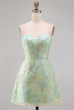 Vestido corto de bienvenida sin tirantes de lentejuelas verde menta de lentejuelas A-Line