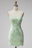 Vestido corto bodycon bodycon de bienvenida a casa con lentejuelas verde menta y escote en V