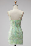 Vestido corto bodycon bodycon de bienvenida a casa con lentejuelas verde menta y escote en V