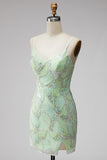 Vestido corto bodycon bodycon de bienvenida a casa con lentejuelas verde menta y escote en V
