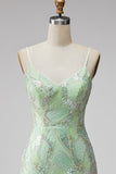 Vestido corto bodycon bodycon de bienvenida a casa con lentejuelas verde menta y escote en V