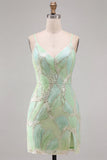 Vestido corto bodycon bodycon de bienvenida a casa con lentejuelas verde menta y escote en V