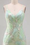 Vestido corto bodycon bodycon de bienvenida a casa con lentejuelas verde menta y escote en V
