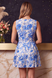 Vestido de bienvenida azul con cuello redondo con estampado floral en línea A