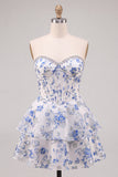 Corsé de flores azules Vestido de bienvenida con volantes y volantes