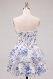 Corsé de flores azules Vestido de bienvenida con volantes y volantes