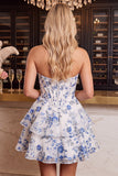 Corsé de flores azules Vestido de bienvenida con volantes y volantes