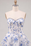 Corsé de flores azules Vestido de bienvenida con volantes y volantes