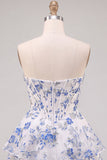 Corsé de flores azules Vestido de bienvenida con volantes y volantes