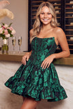 Corsé verde oscuro Bordado floral A-line sin tirantes Vestido corto de bienvenida
