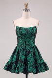 Corsé verde oscuro Bordado floral A-line sin tirantes Vestido corto de bienvenida