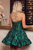 Corsé verde oscuro Bordado floral A-line sin tirantes Vestido corto de bienvenida