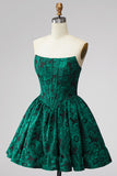 Corsé verde oscuro Bordado floral A-line sin tirantes Vestido corto de bienvenida