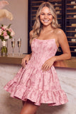 Corsé verde oscuro Bordado floral A-line sin tirantes Vestido corto de bienvenida