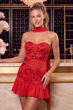 Vestido de bienvenida a casa, brodado floral en línea A con collares rojos, con bufanda al cuello