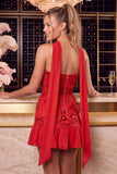 Vestido de bienvenida a casa, brodado floral en línea A con collares rojos, con bufanda al cuello