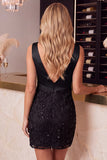 Vestido corto corto de bienvenida a casa con lentejuelas florales rosas, bodycon escote en V y fruncido