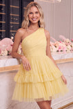 Mini vestido de bienvenida de tul amarillo de un hombro con volantes