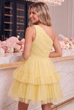 Mini vestido de bienvenida de tul amarillo de un hombro con volantes