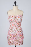Vestido Mini de Bienvenida a Casa Bodycon Rosa Floral Aplicada