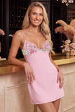 Vestido corto de bienvenida rosa Bodycon con flores bordados en pico, escote en V