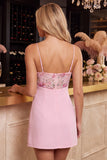 Vestido corto de bienvenida rosa Bodycon con flores bordados en pico, escote en V