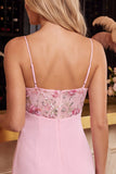 Vestido corto de bienvenida rosa Bodycon con flores bordados en pico, escote en V