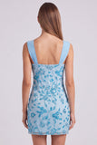 Vestido corto de bienvenida azul cielo con cuentas y flores, vestido corto de bienvenida con lentejuelas
