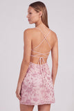 Vestido corto de bienvenida corto con lentejuelas con cuentas florales rosas y encaje en la espalda