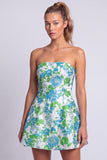 Vestido corto floral azul claro estampado en línea en A sin tirantes para el homecoming