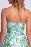 Vestido corto floral azul claro estampado en línea en A sin tirantes para el homecoming